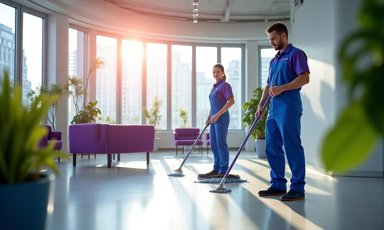 Professionelles Reinigungsteam bei der Arbeit in einem modernen Wiener Büro